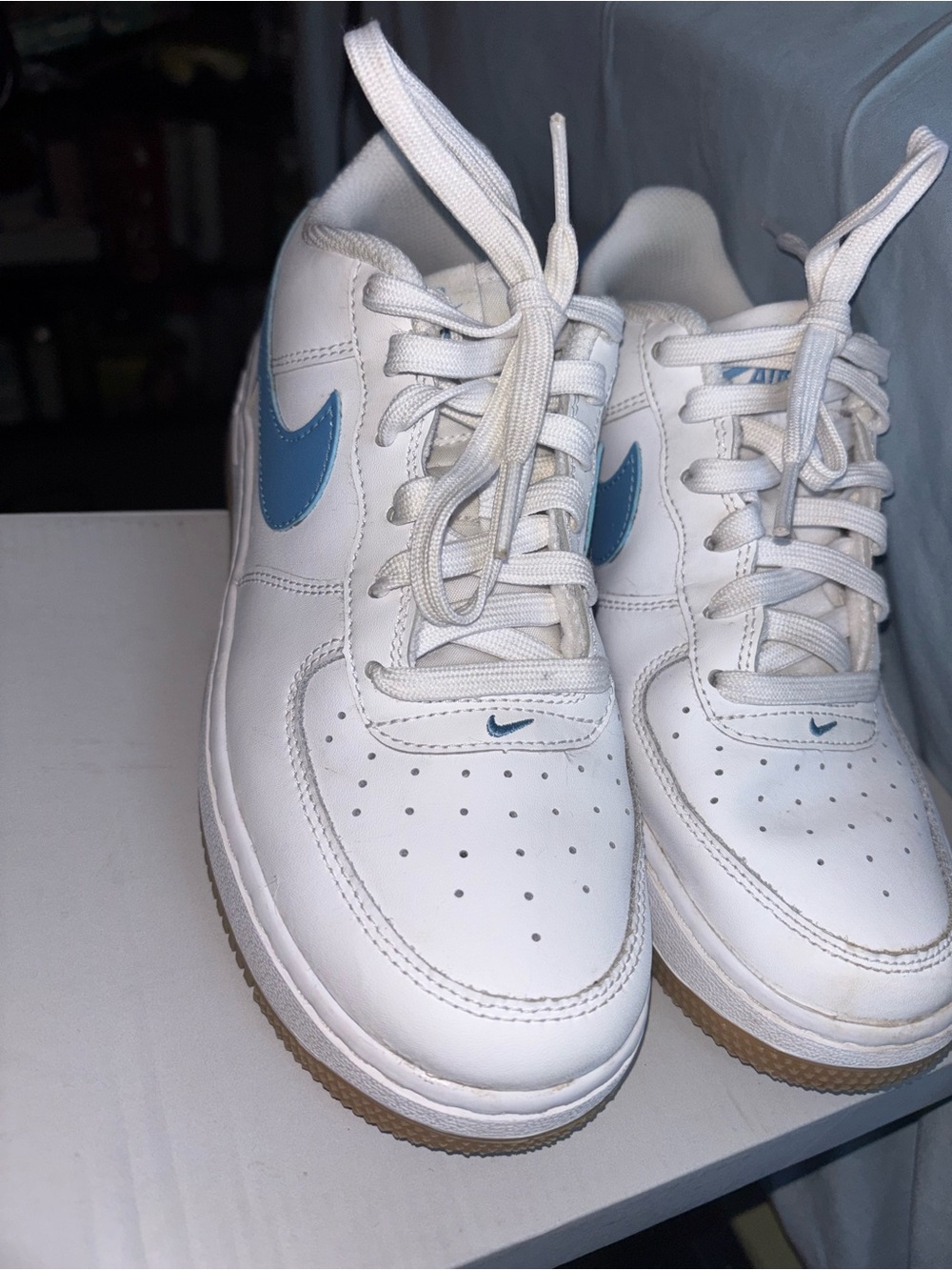 Nike Kids White Sneakers with Light Blue Swoosh